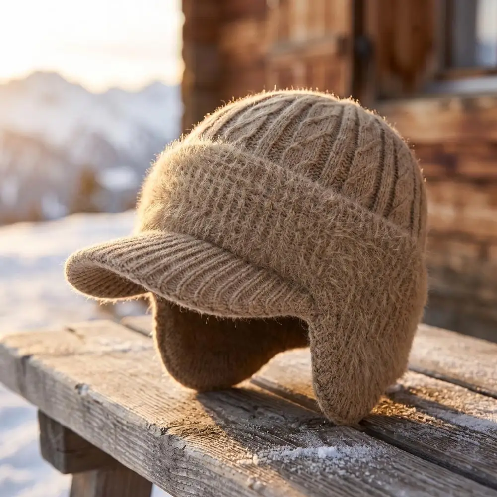 Heavy Duty Winter Hat for Golfing Winter Hat with Brim Ear Flaps Fleece Lined Knitted Cap Warm Visor Hat for Men Women Weather