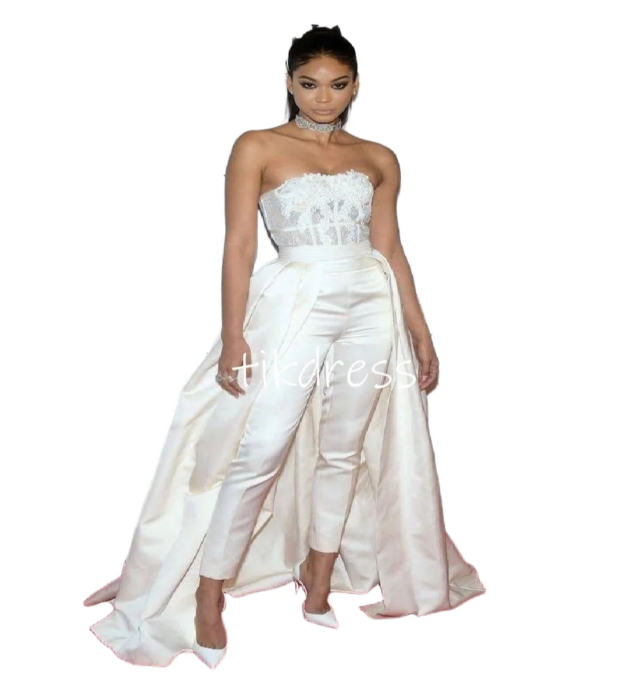 

Affordable Jumpsuit Wedding Dress With Overskirt Train Bohemain Lace Soft Satin Bridal Dress 2025 Celebrity Bride WearCustomized