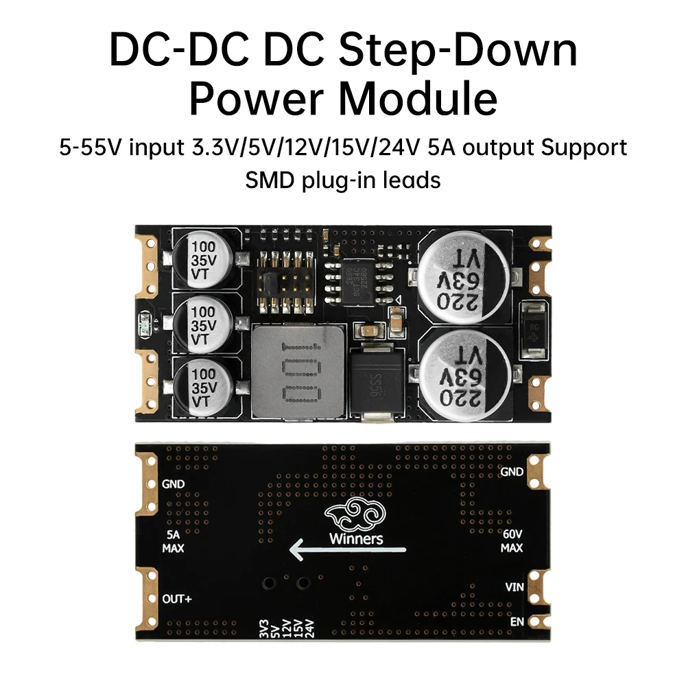 DC-DC Step-Down Power Module 5-55V to 3.3V/5V/12V/15V/24V 5A DC Buck Power Module Support SMD Leads