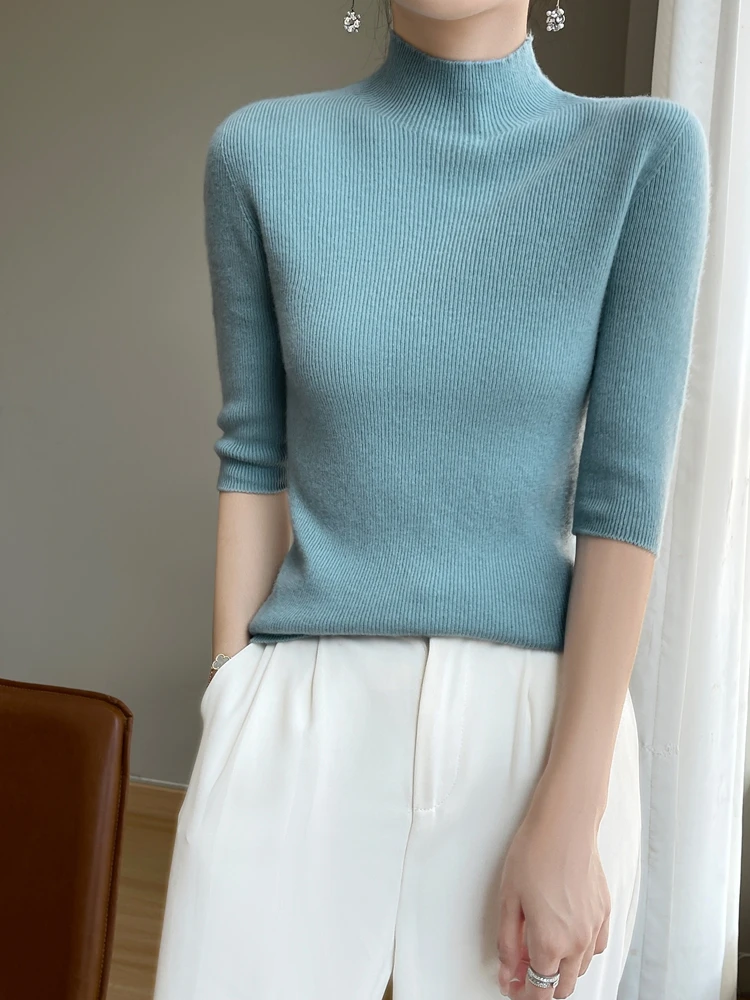 2025 New Fall Winter Sweater Half High Collar Pullover Half Sleeve Knitwear Women's SLIM Sweater Fashion Comfortable Sweater Top