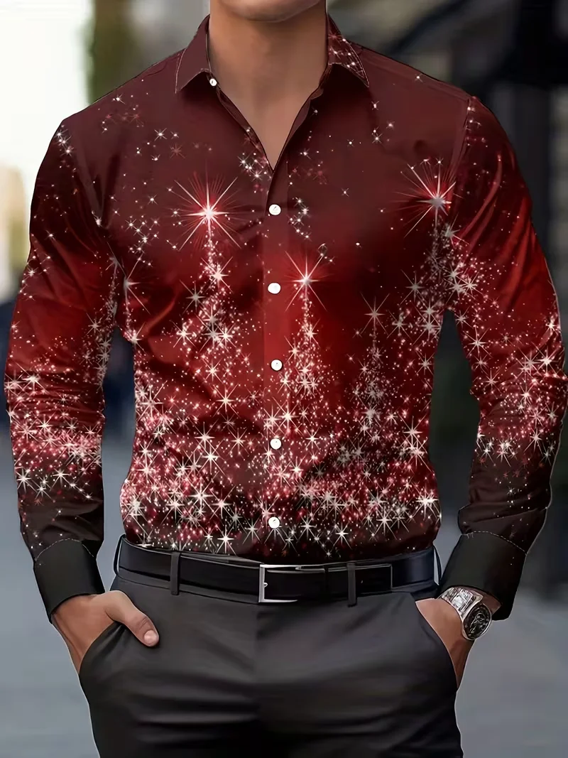 

Christmas Men's Christmas Scene Printed Shirt Snowflake Casual Fashion Collar Button Long Sleeve Shirt Top