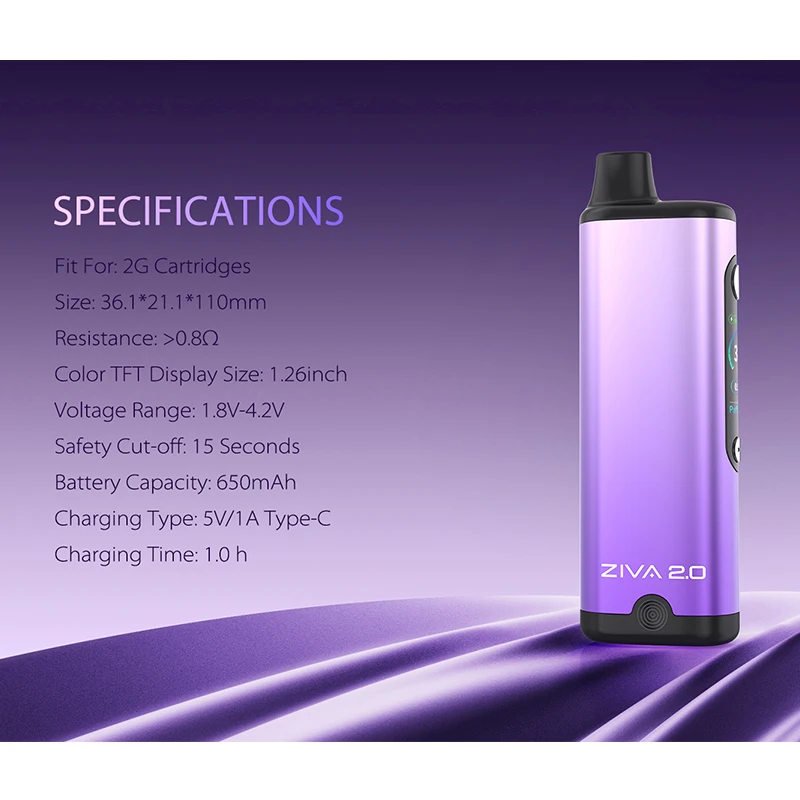 Original Yocan Ziva 2.0 Vaporizer Mod 650mAh Battery LCD Color Display Variable Voltage 1.8-4.2V For 510 Thread Cart E-Cigarette view 4