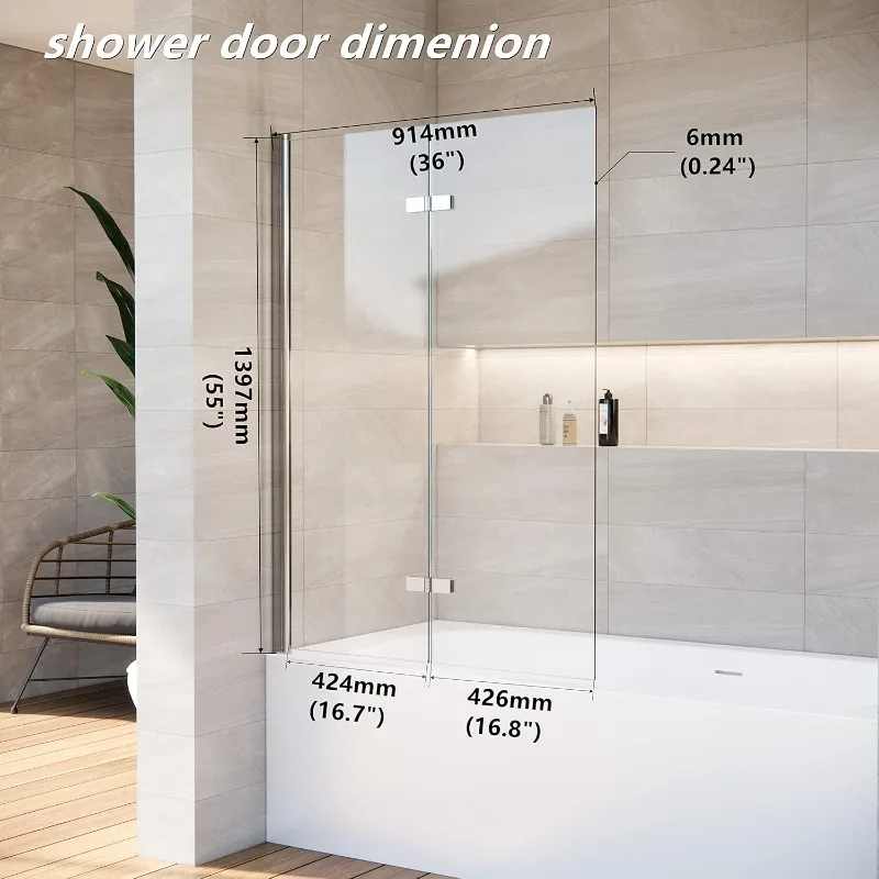 36 * 55 Inch Bathtub Shower Door,Bathroom Door with Bottom Seal,Liftable and Foldable Glass Door,Rectangular Bathtub Screen