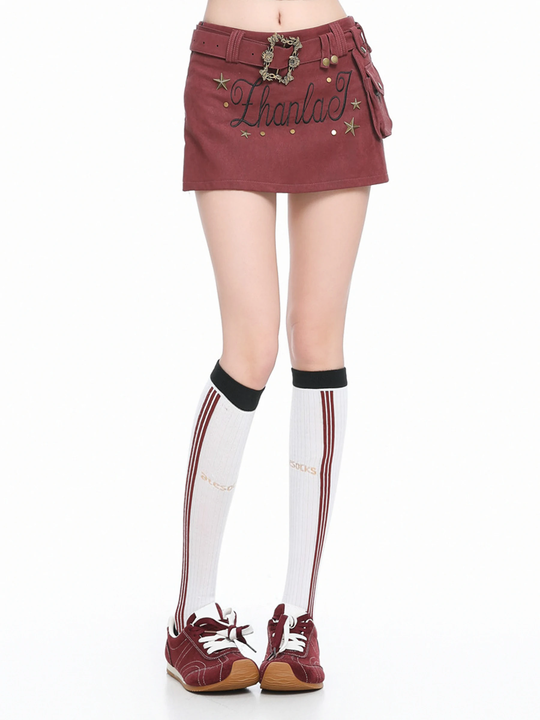 

BASTERDS Millennium Spicy Girl Embroidered PU Leather ort Skirt Women's Rivet Design A-Line Bodycon Skirt f-length