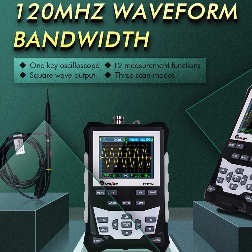 ET120M DS0-TC2 Digital Oscilloscope 120MHz Bandwidth 500MSa/s Sampling Rate HD 2.4 Inch TFT with Backlight Waveform Storage