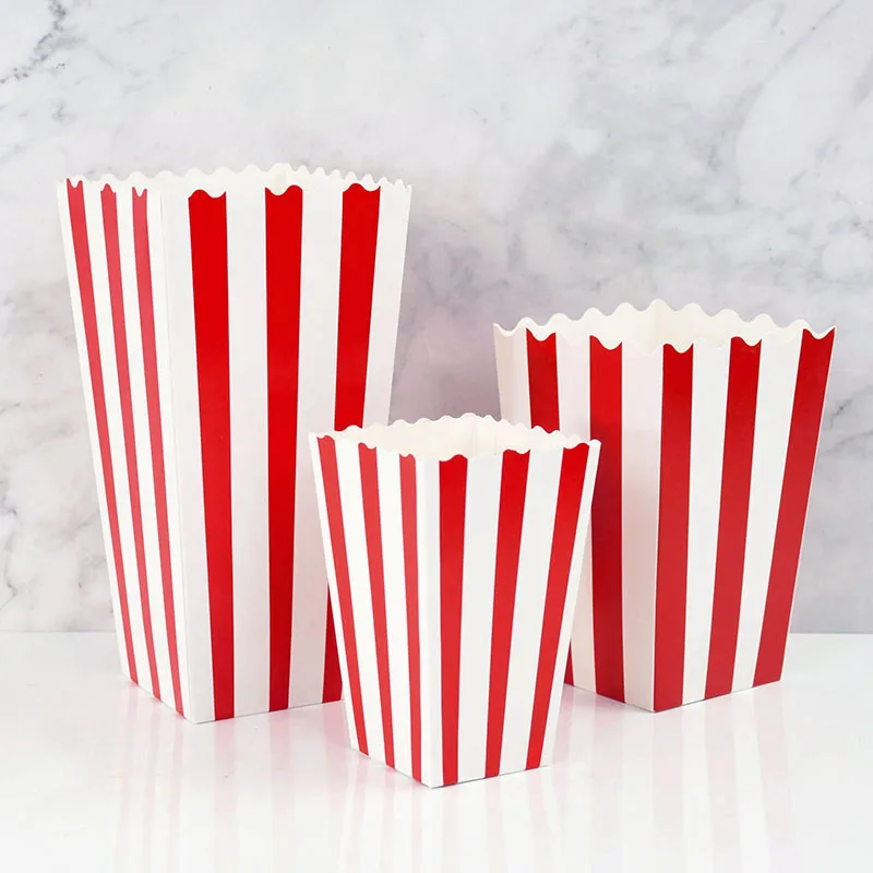 10pcs Red White Fashion Stripe Popcorn Paper Boxes Birthday Home Wedding Party Supplies Movie Theater Dessert Tables Decoration