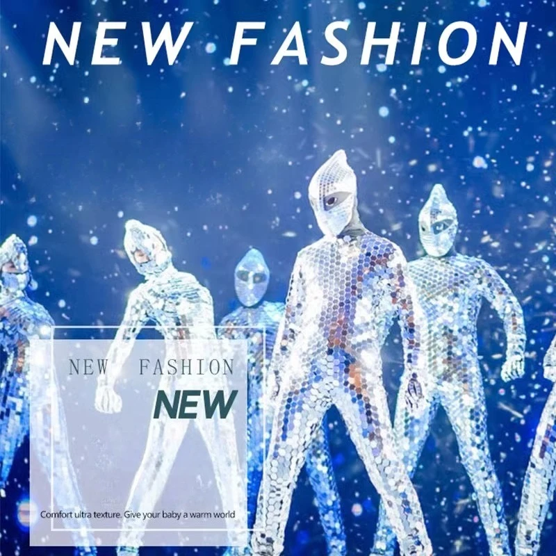 Costume da uomo con specchio argento Costumi di danza laser Uomo Performance commerciale Discoteca Lente con paillettes Tuta Abbigliamento da festa Donna