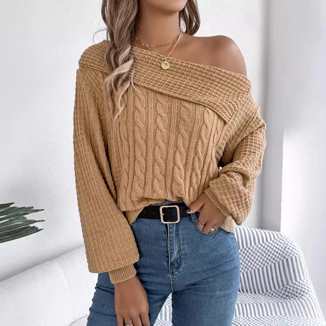 

Fall/Winter Khaki Casual Sexy Off Shoulder Women Fried Dough Twists Long Sleeve Pullover Sweater Solid One Shoulder Sweater Tops