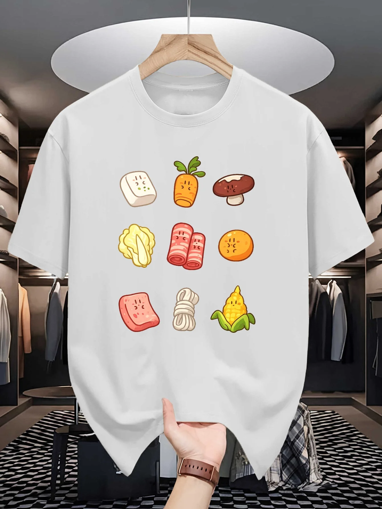 Mens Crew Neck T Shirt Cute Cartoon Hot Pot Ingredients Graphic Short Sleeve Casual Cotton Delicious Food Summer Streetwear Tees
