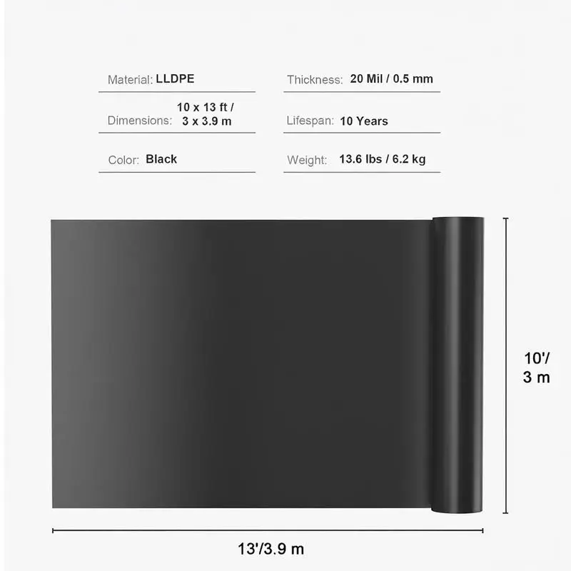 

LLDPE Pool Membrane 10 x 13 ft For Water Gardens, Koi Ponds, Waterfall Base, 20 Mil Thickness Pliable Material Underlayment C