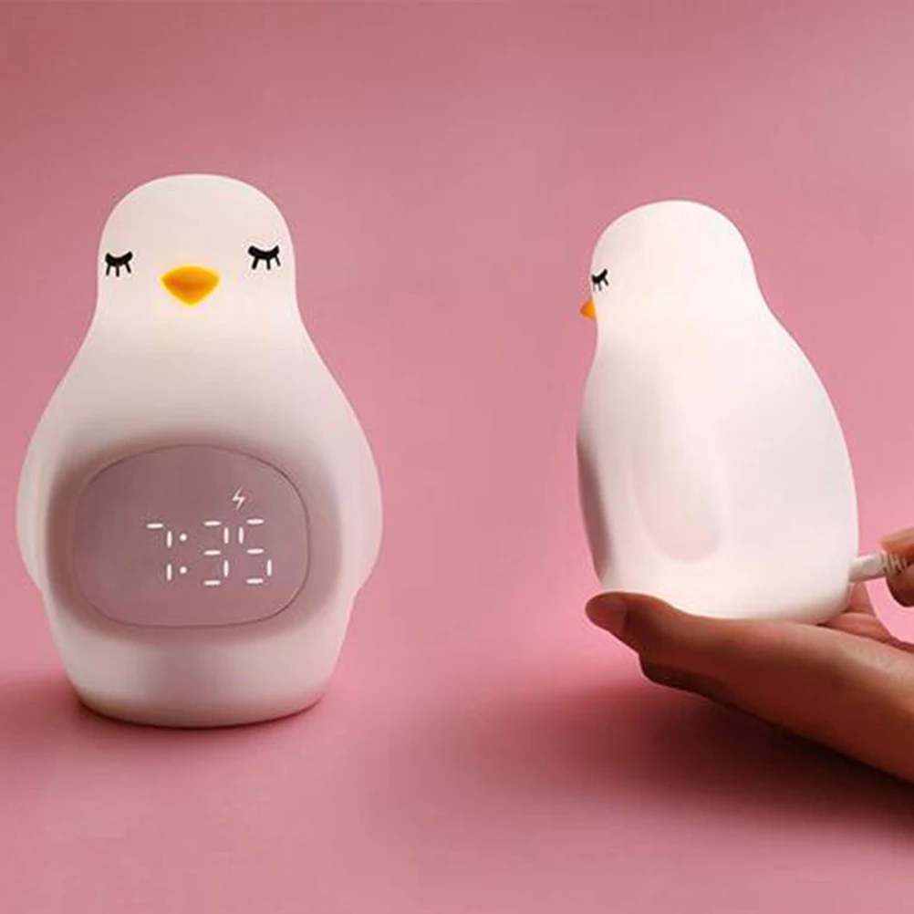 

Student Alarm Clock Led Digital Penguin Silicone Night Light Snooze Auto-Off Voice Activated For Bedroom Kids Office Home Decor