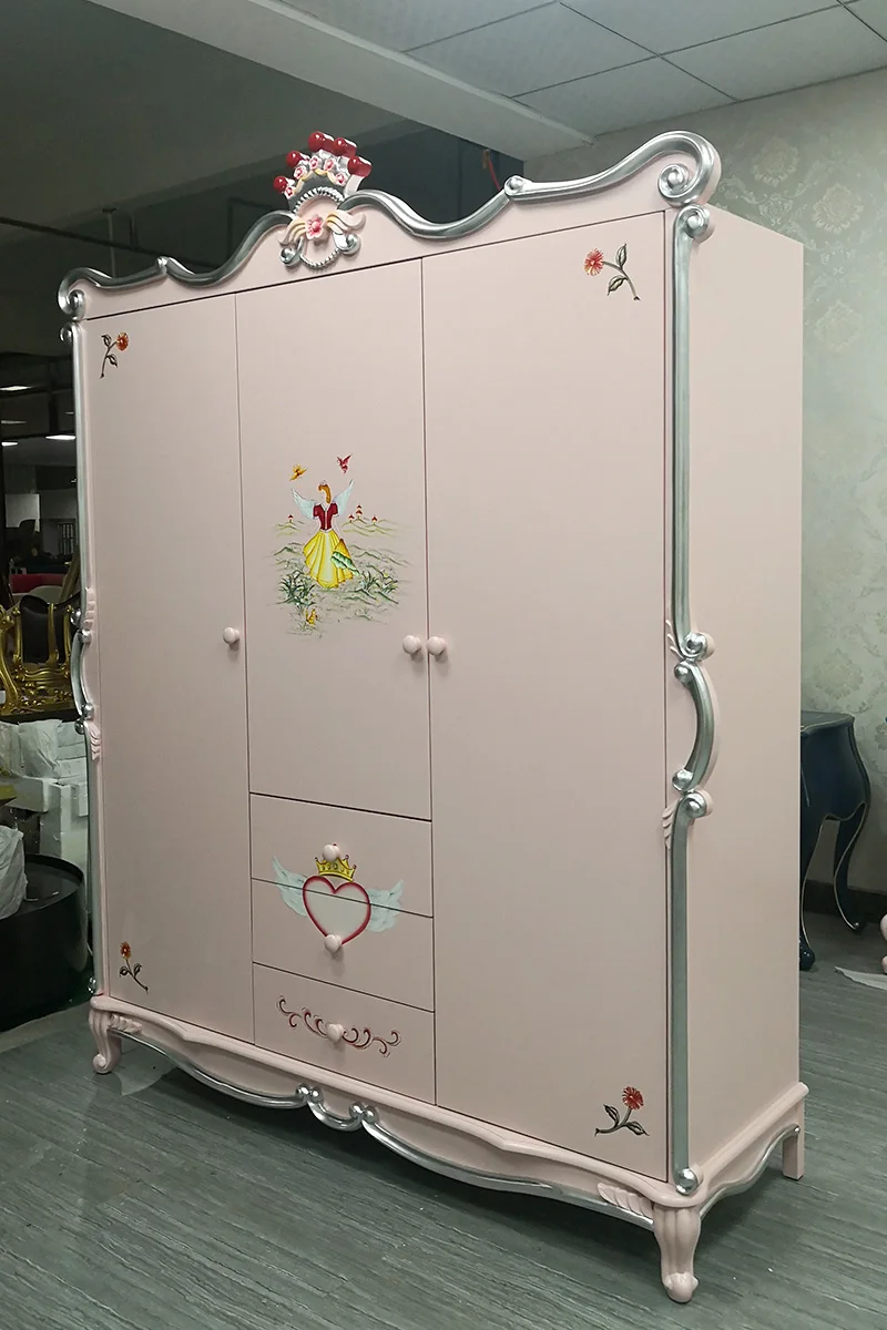 European solid wood wardrobe three doors French painted armoire villa bedroom children's pink locker