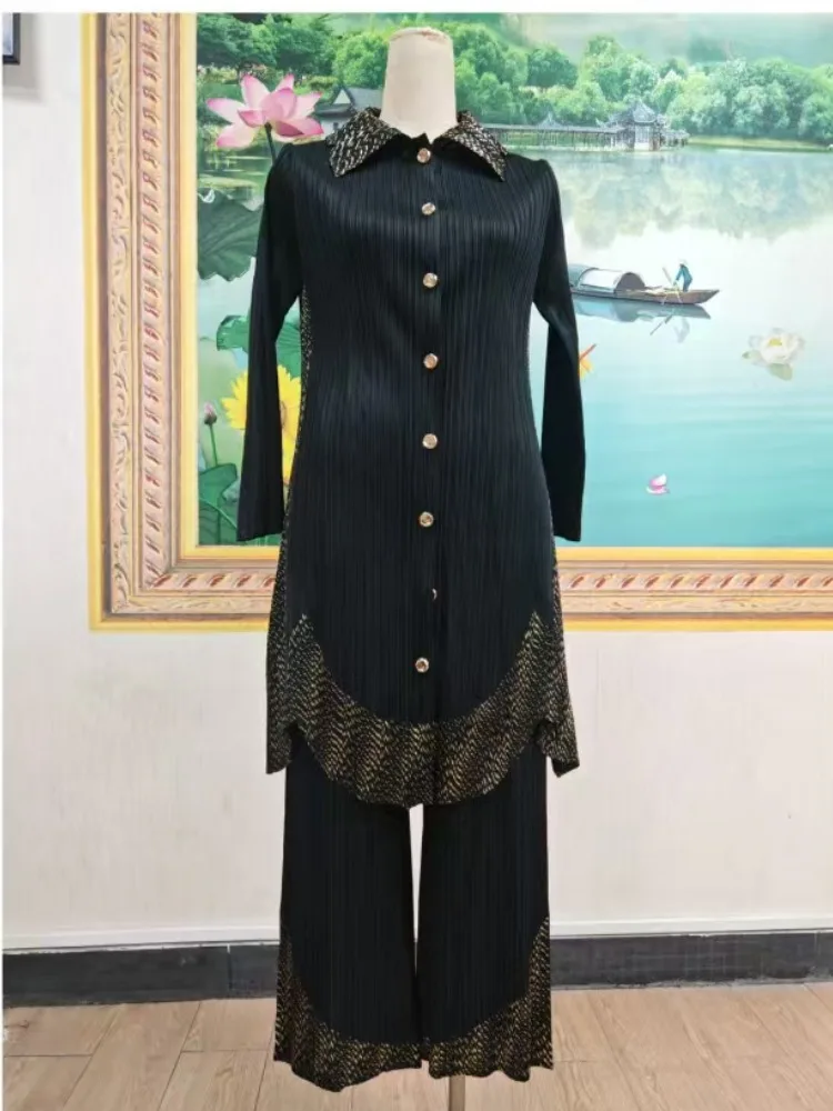 

Miyake Temperament Shirt Top Loose Wide-leg Pants Set 2025 Spring Autumn New Fashion Foreign Style Loose Pleated Two-piece Set