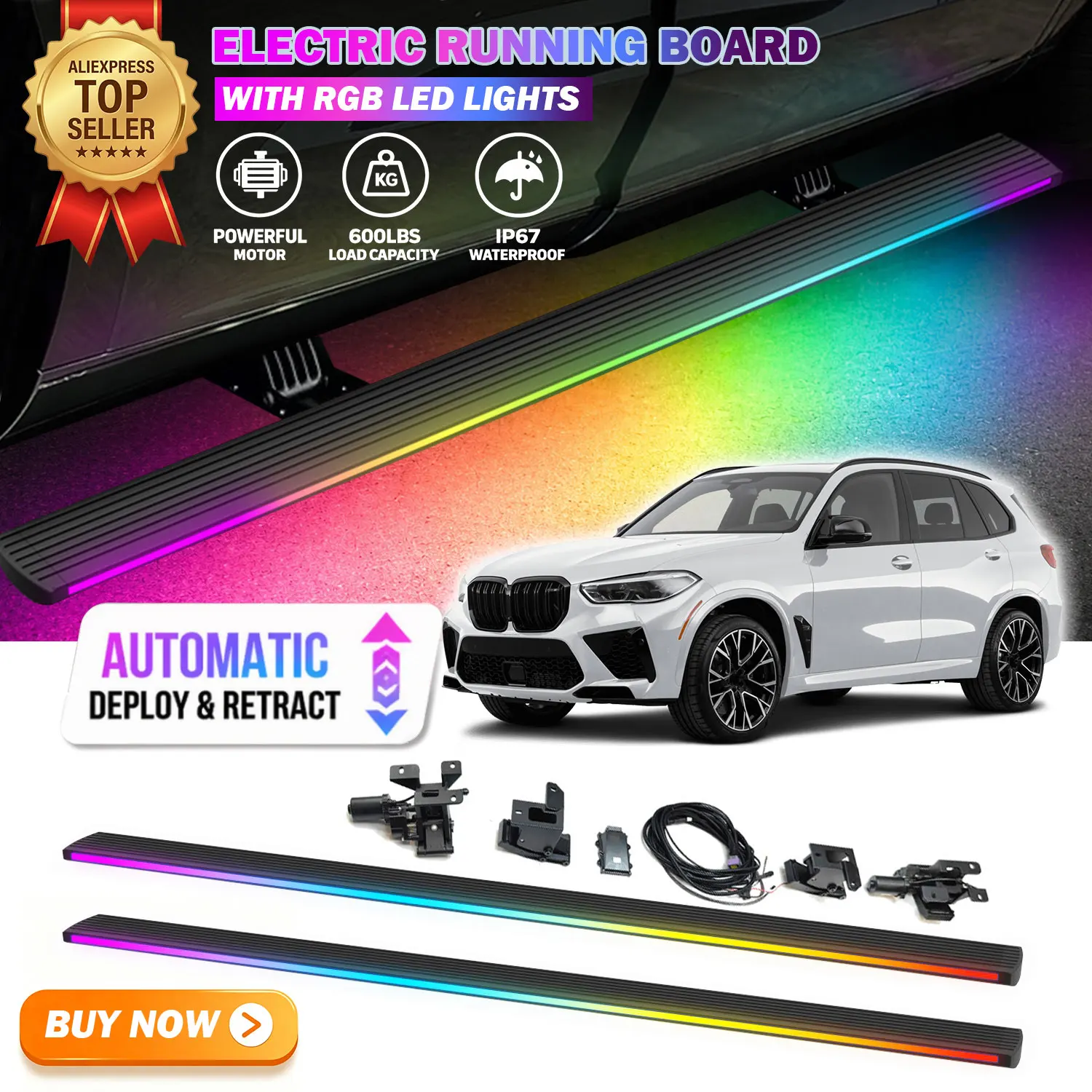 Deployable Power Electric Running Boards Fits For BMW X5 G05 2019-2025 with LED Light Strips Side Step Nerf Bars