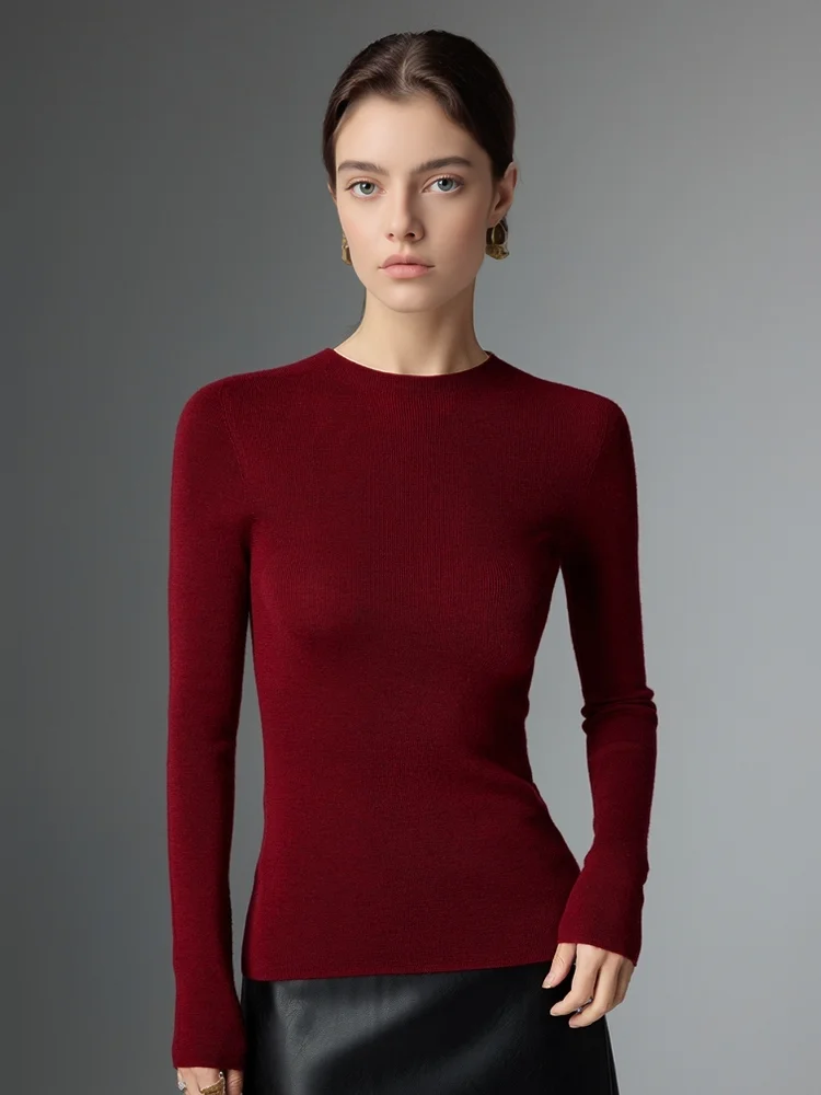 

Slim Fit Long Sve round Ne Knitted Pure Wool Sweater Women's Thin One-Piece Sl Knitwear Soft hine Waable Dail...