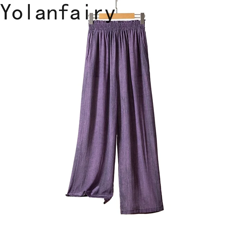 

YOLANFAIRY, брюки из 100% натурального шелка шелковицы для женщин, окрашенные в галстук, повседневные широкие брюки, свободные прямые женские брюки, брюки, брюки