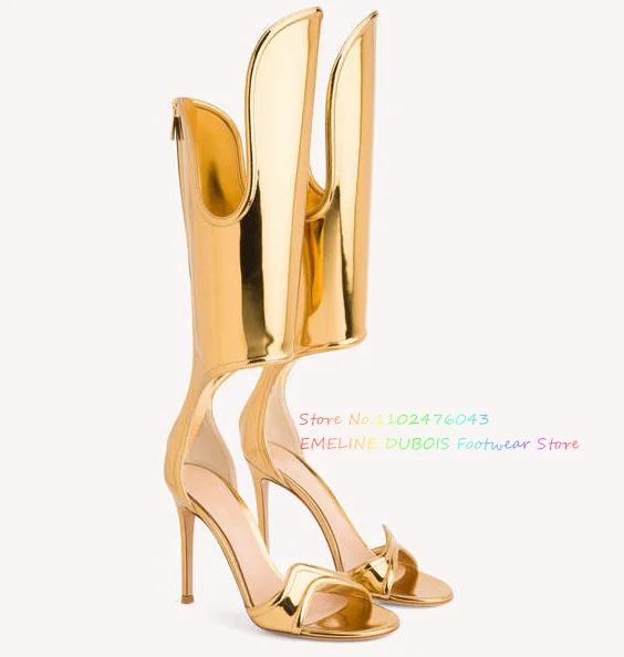 Mirror Gold High Heel Sandals Women Sexy Oepn Toe Cut Out Back Zippers Luxury Elegant Roman Shoes Summer New Ladies Shoes