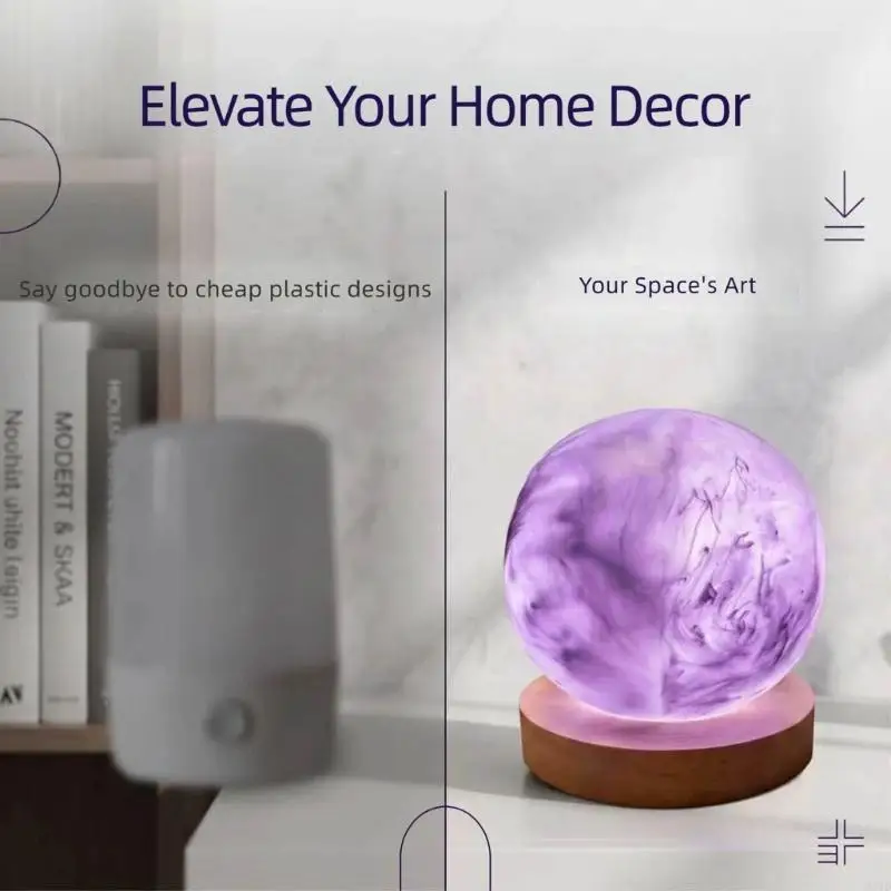 USB Powered Resin Sphere Night Light with Gentle Marbled Decorative Lamp for Bedside Tables, Desks, Shelves, M4YD