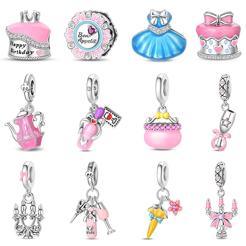 Original-Charms aus 925er-Sterlingsilber, Perlen, romantisches Candlelight-Dinner, Rotwein-Kuchen-Anhänger für Armband, Geburtstagsgeschenk, Schmuck