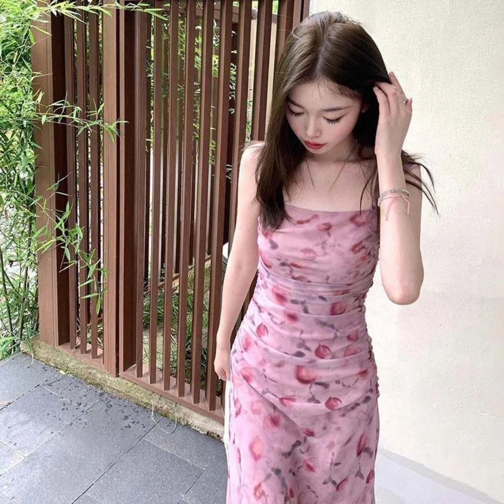 Soft Slim Fit Floral Slim Long Dress Flower Sleeveless Women Long Skirt Streetwear Spicy Girl Korean Camisole Dress Beach