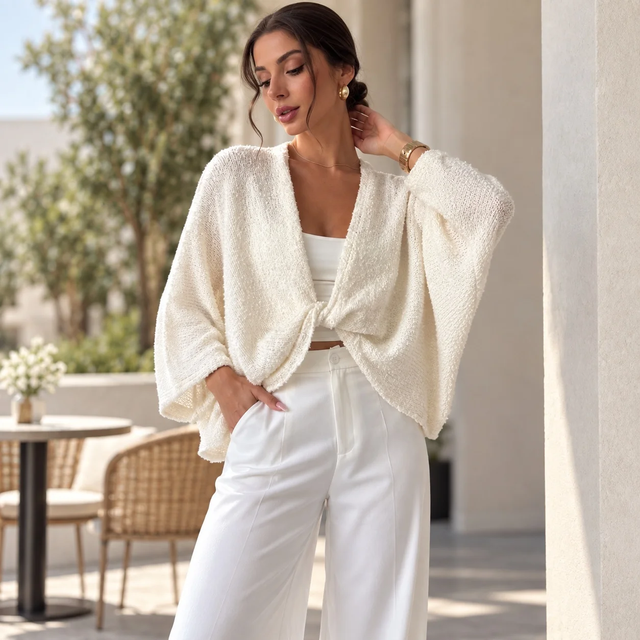 Loose Fit V Neck Shawl with Cross Design Regular Length American and European Style High Temperature Setting Cardigan for Women