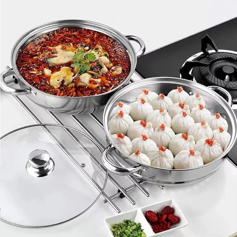 Juego de Ollas Vaporeras  Acero Inoxidable Transparentes de 1/2/3 Niveles, Utensilios  Cocina Apilables con Doble Asa para
