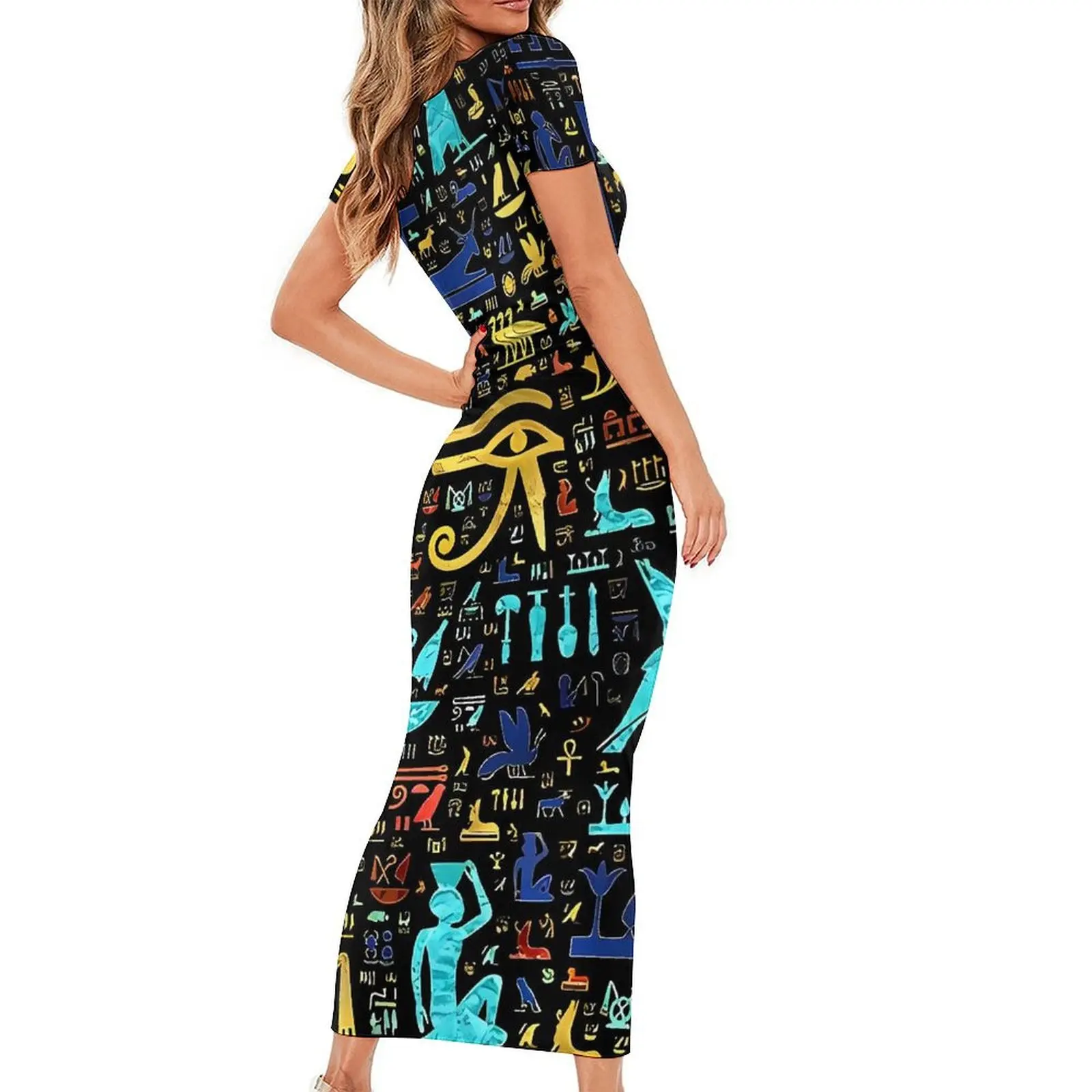 Colorful  Ancient Egyptian Art Hieroglyphic Dress Womens Street Style Bodycon Dress Summer Short Sleeve Trendy Maxi Dresses