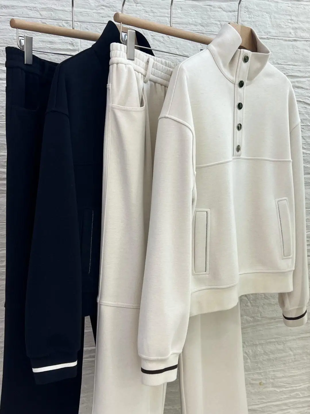 Premium Wool Blended Set BC Women's Half Open Collar Short Hoodie High Waist Wide Leg Casual Pants Two Piece Set
