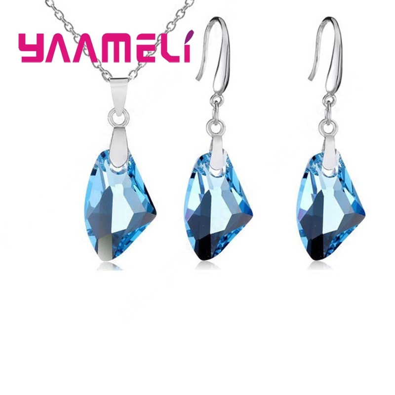 NEW 925 Sterling Silver Jewelry Sets Geometric Austrian Crystal Pendant Necklace Hook Earwire Earrings Wedding Accessory