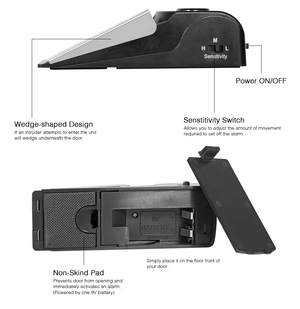 Wireless Anti-theft Door Stop Alarm 125dB High Decibel Pressure Trigger Door Wedge Stopper 3 Adjustable Sensitivity Safety Devic