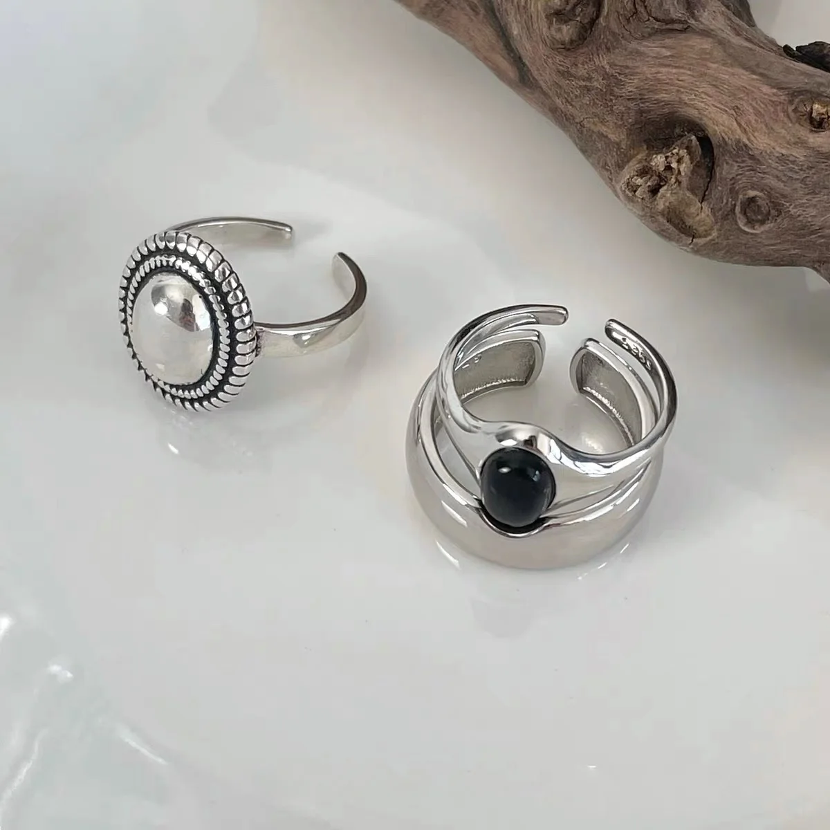 BF CLUB 925 Sterling Rings for Women Black Stone Fashion Geometric Vintage Handmade Irregular  Ring Party Gifts