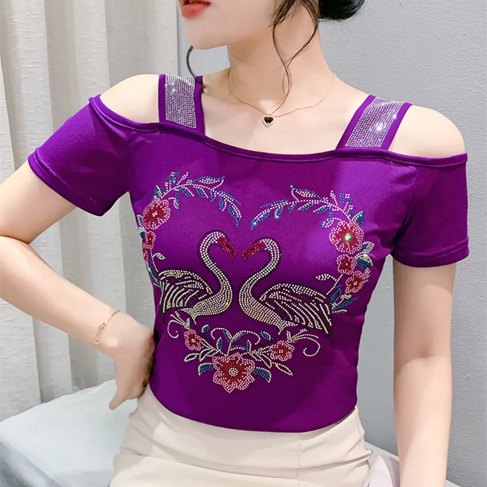 

M-3XL Streetwear Girl Summer Cartoon Design Hot Diamonds T-Shirt Women Sexy Off Shoulder Slim Mesh Tops Chic Luxury Flower Tees