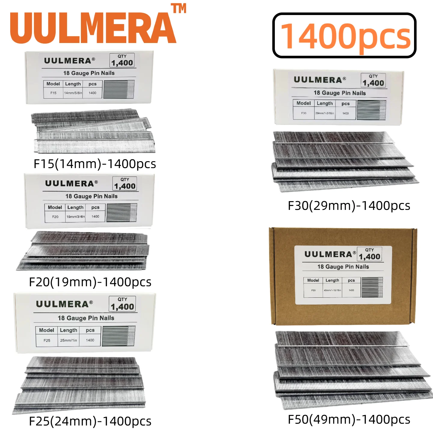 1400 PCS UULMERA F15/F20/F25/F30 Brad Nails for DIY Gardening, Carpentry, Home Renovation, Hardware and Fixing Tools