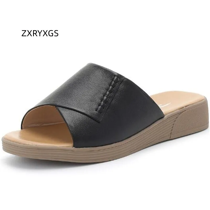 Zxryxgs Sommer Echt leder Fischmaul Slipper flache Sandalen Komfort Outdoor Wear große Slipper Frauen lässige Sandalen