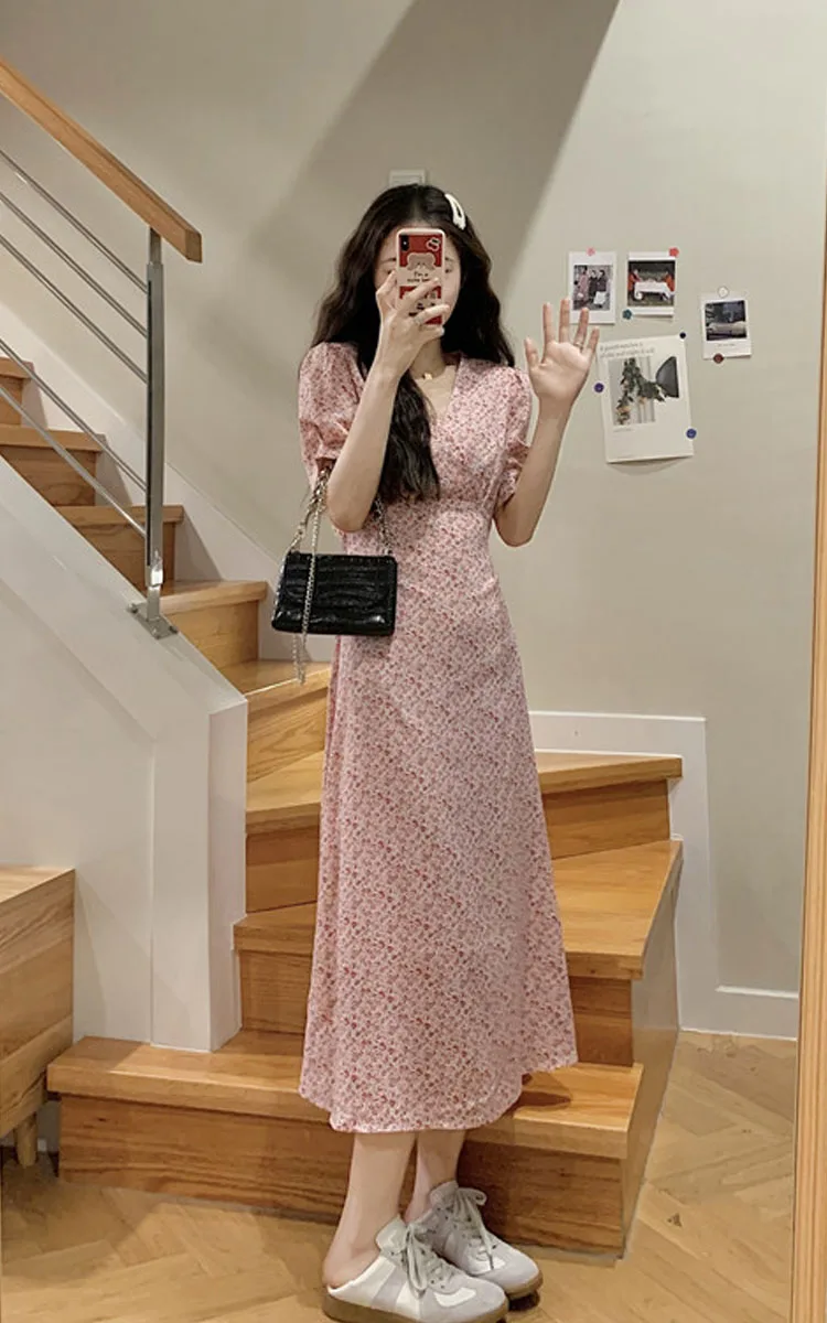 

Sweet Fre Summer New 2024 Women's Pink Bubble Sve Floral Dr Korean Sle V-ne Long Dr Commute Sle