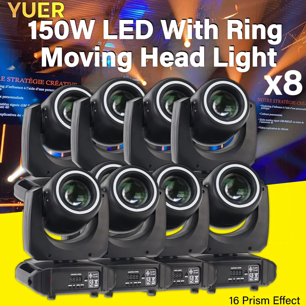 YUER 8PCS 200W LED Stage Light 150W White Light RGB LED Strips 16 Prism Effects 7 Colors 7 Patterns  DMX 19 Channe  for Party DJ