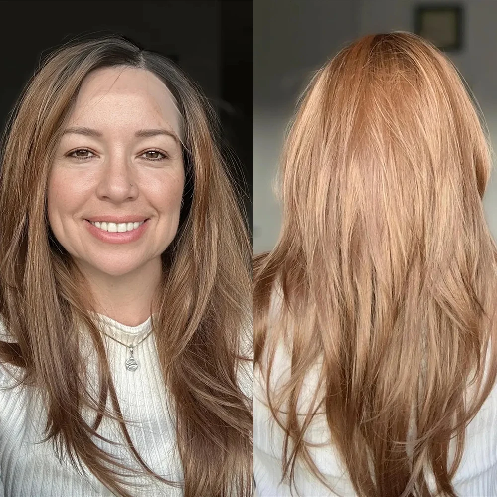 

Natural Look Lace Front Wig 22" Futura Fiber Heat Resistant Straight Wig Brown Ombre Dark Roots Natural Brunette Look Free Part