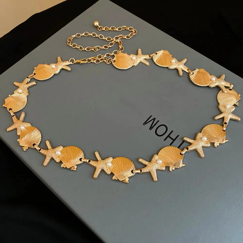 

Sea Series Shell Starfish Waist Chain Alloy Pearl Ornaments Bohemian Shell Waist Belt Jewelry Adjustable