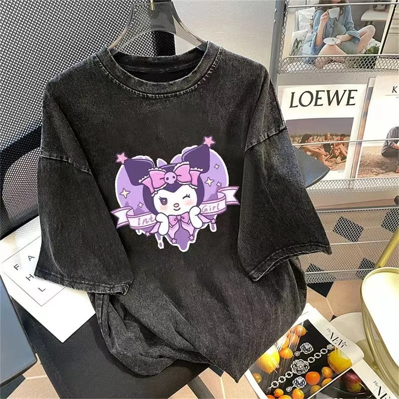 Sanrio Pure Cotton Kuromi Washed Old Black Japanese Cartoon Print T-shirt Kpop Summer New Cinnamoroll Vintage Oversized T Shirt