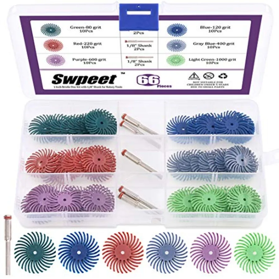 66Pcs 1 Inch 6 Mixed Grit 80/120/220/400/600/1000 Radial Bristle Disc Abrasive Brush Gap Polishing Pad Buffing Wheel Assortment