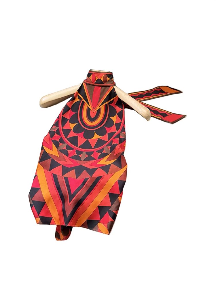 Summer Fashion Beach Style Resort Vintage Geometric Print Tops Women's Lace-Up Hang One's Neck Sleeveless Sexy Backless Top