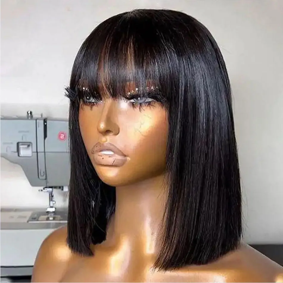 Fake Natural Scalp Short Bob Wig with Bangs Bone Straight Bob Wig 180% Density Human Hair Wig for Black Women