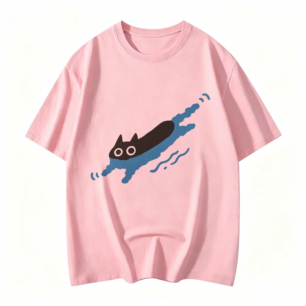 WomanTees Swimming Black Cat Diving Shoulder Short Sleeved T-shirt for Women Breathable Casual Creative Summer Clothing Tops