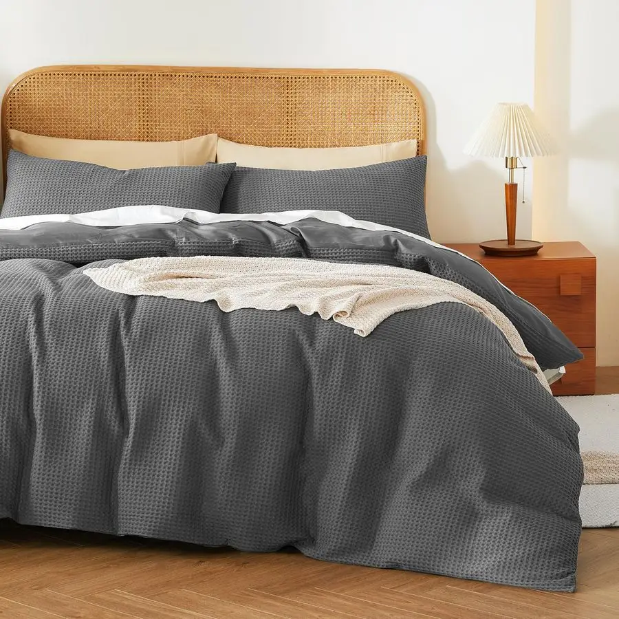 

Egyptian Cotton Duvet Cover Set Twin Size, Waffle Weave Duvet Cover, 600 TC Soft Breathable Luxury Textured Bedding Set for All