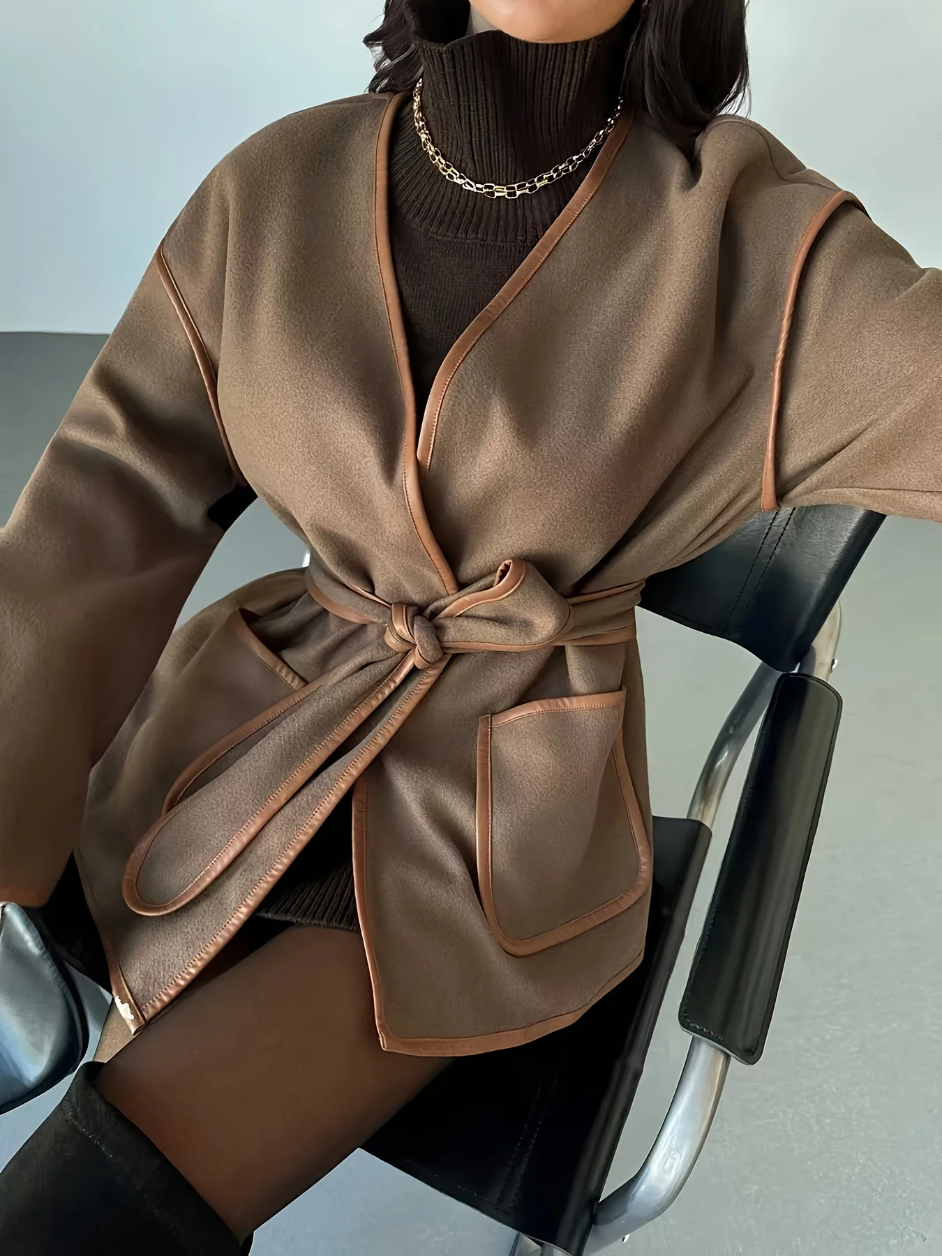 سترات نسائية جديدة للخريف والشتاء بأكمام طويلة سترة نسائية أنيقة برباط علوي معطف نسائي ملابس خارجية Chaquetas De Mujer Q1844 #6