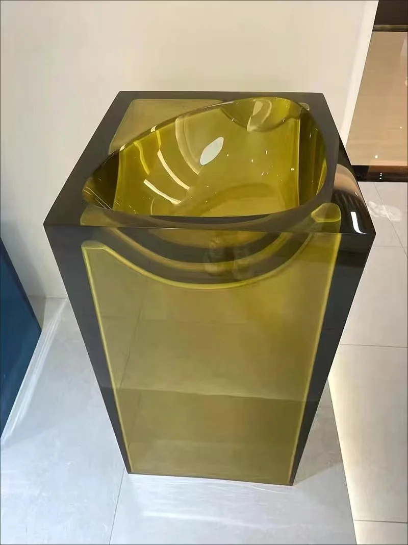 

Роскошная и эстетичная встроенная напольная художественная колонная раковина, цветная прозрачная квадратная уличная раковина из смолы GN485SV