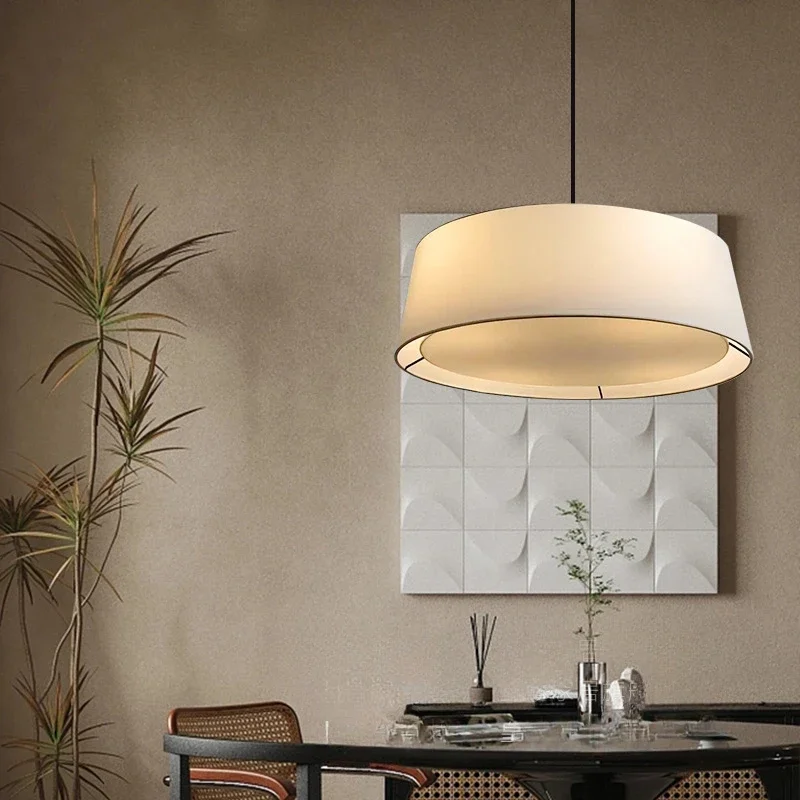 Modern Minimalist LED Linen Fabric Circular Pendant Light Dining Room Living Room Bedroom Hanging