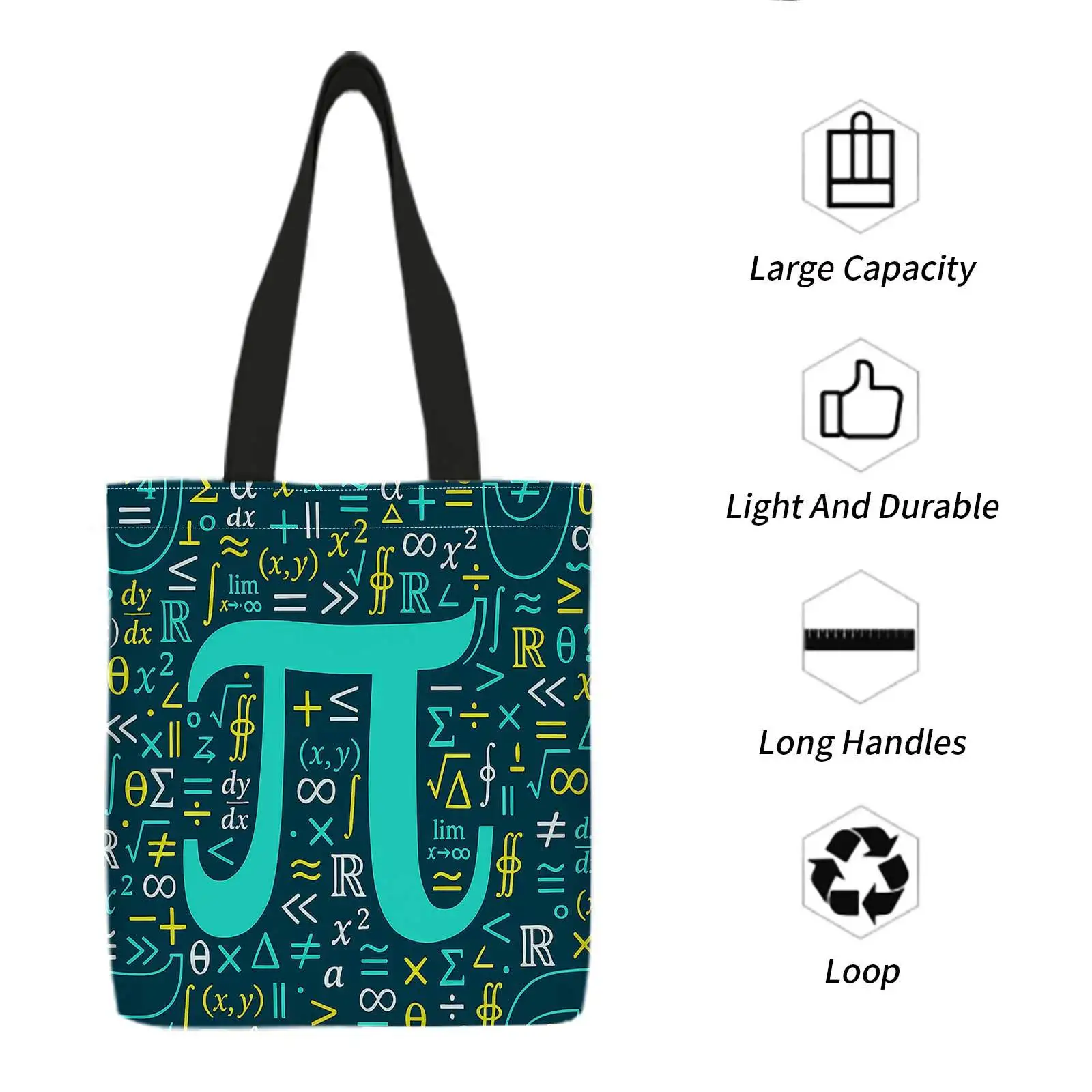 Double-Sided Printed Shopping Tote Bag with Mathematical Symbols, Pi (π), and Formulas on Teal Background. Lightweight, Foldable view 2