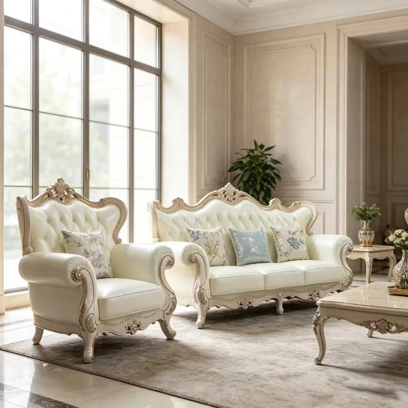 Off-white fiberglass three-seater sofa set, button tufted leather