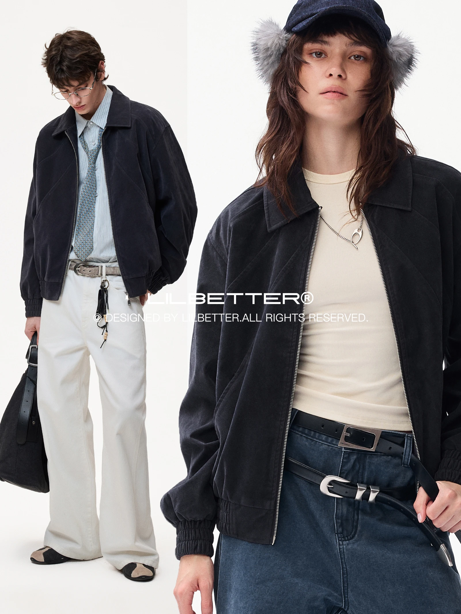 Lilbetter Men's Casual Suede Feel Double Zipper Jacket Washed Vintage Autumn Outerwear Loose Fit Fashion Urban Style Long Sleeve